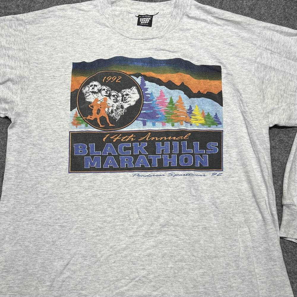 Vintage Black Hills Marathon Shirt Mens XL Gray Long Sleeve Screen Stars Best